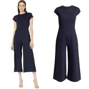 Susana Monaco Wide Leg Crop Jumpsuit Small Navy Blue Crew Neck Short Sleeve